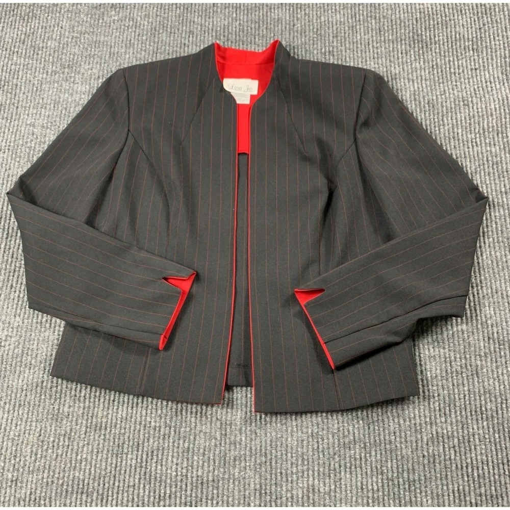 Vtg Jacket Womens 10 Black Pin Striped Lisa Joe Open Front Professional Luxury